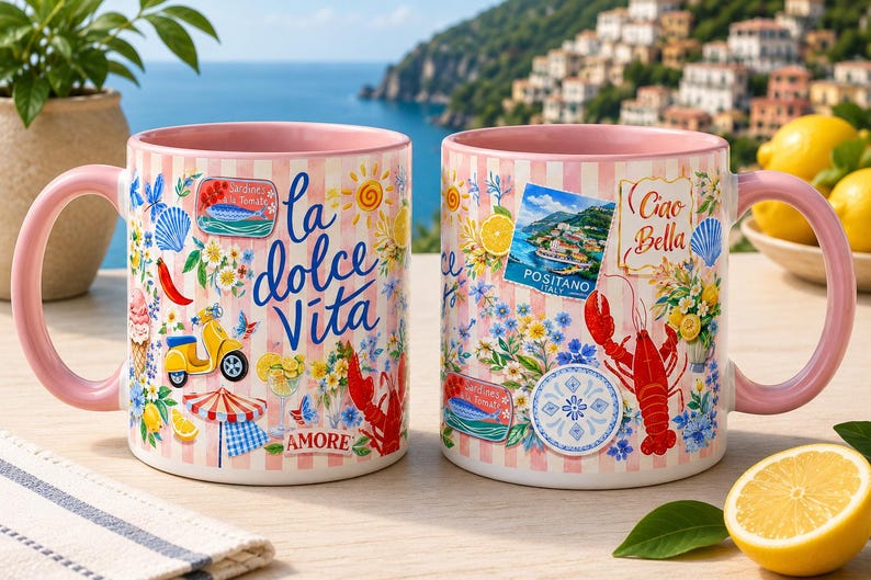 May include: Two ceramic mugs with pink handles and rims. The mugs are decorated with Italian-themed illustrations, including the words "la dolce Vita" and "Ciao Bella", along with images of a scooter, lobster, and Positano.