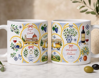 Taza de compromiso de Florencia / Regalo personalizado de pedida de mano en Italia / Tazas de café "Comprometidos en Florencia" / Recuerdo de boda en la Toscana / Pareja personalizada