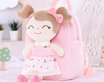 Personalised Strawberry Doll Backpack for Girls, Pink Toddler Nursery Bag, Detachable Doll Preschool Backpack, Birthday Gift