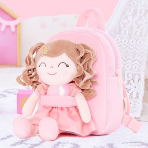 Personalisierter Prinzessin Korallen Plüsch Lockenkleid Puppenrucksack