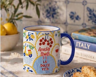 Personalised Mediterranean Mug – Custom Name Coffee Cup, Italian Dolce Vita Design, Colorful Ceramic Gift, Lemon Tile Style Mug