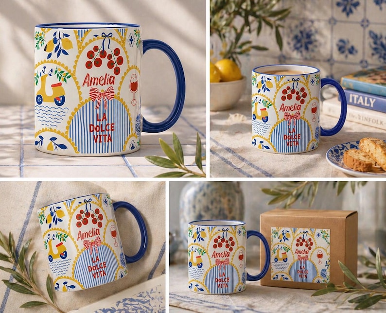 Puede incluir: Taza de cer&aacute;mica blanca con asa y borde azules, con un dise&ntilde;o colorido de tem&aacute;tica italiana. El dise&ntilde;o incluye limones, cerezas, un scooter y el texto "Amelia" y "La Dolce Vita".