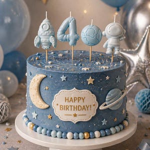 May include: A blue birthday cake decorated with space-themed candles, including a rocket, the number 4, a globe, and an astronaut. The cake features a crescent moon, stars, and a "Happy Birthday!" message.