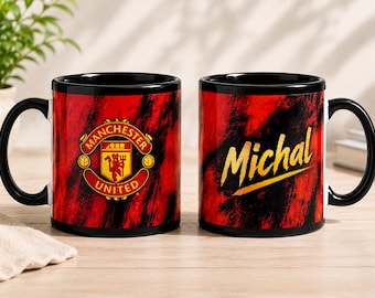Taza personalizada del Manchester United, nombre personalizado, cerámica roja, negra y dorada. Regalo ideal.