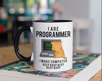 Computer Programmer Cat Funny Mug, Computer Coder Pun Nerd Meme Mugs, Funny Coworker Gift, Gifts, Tumbler Travel Mug Beer Can Holder Cooler