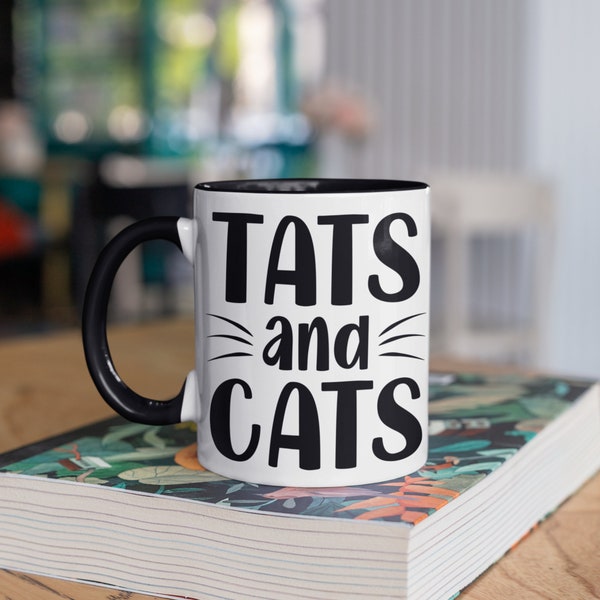 Tats And Cats Mug, Tattoos and Cat Coffee Mugs, Funny Tattoo Artist Cat Lover Gift, Kitten Gifts,  Tumbler Travel Mug Beer Can Holder Cooler