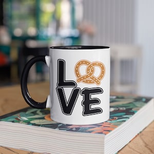 Love Pretzels Mug, Cute Pretzel Coffee Mugs, Gift, Gifts for Pretzel Lovers, Tumbler Travel Mug Beer Can Holder Cooler