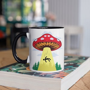 Alien Mushroom UFO Mug, Aliens Funny Mycology Coffee Mugs, Mycologist Tumbler, Travel Mug, Beer Can Holder Cooler, Water Bottle