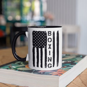 Boxing USA Flag Mug, American Boxer Mug, Patriotic Coffee Mugs, Tumbler, Travel Mug, Beer Can Holder Cooler, Water Bottle