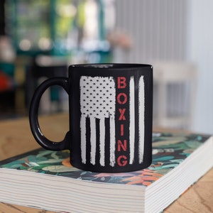 Boxing USA Flag Mug, American Boxer Black Coffee Mugs, Tumbler, Travel Mug, Beer Can Holder Cooler, Water Bottle