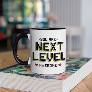 Next Level Awesome Gamer Mug, Video Game RPG, Funny Valentines Day Coffee Mugs, Computer Gamer Pun Gift, Gifts for Gamers, Gaming Tumbler