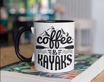 Coffee and Kayaks Mug, Funny Kayaking Coffee Mugs, Cute Kayak Gifts For Kayakers, Tumbler Travel Mug Beer Can Holder Cooler