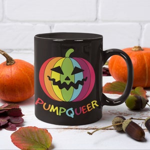 Pumpqueer LGBTQ Coffee Mug, Funny Gay Halloween Coffee Mugs, Queer Gay Pride Rainbow Pumpkin, Tumbler Travel Mug Beer Can Holder Cooler