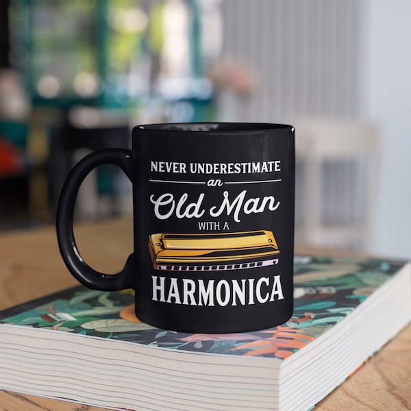 Old Man With A Harmonica Mug, Funny Harmonicas Dad Coffee Mugs, Tumbler Travel Mug Beer Can Holder Cooler