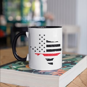 Texas Firefighter Mug, Texan USA Flag, Thin Red Line, Fireman Coffee Mugs, Texas Firefighters Gift, Firemen,  Tumbler Travel Mug Can Holder