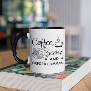 Coffee, Books, And Oxford Commas Mug, Funny English Coffee Mugs, Grammar English Spelling Gift, Writer Gifts, Tumbler Travel Mug Can Holder