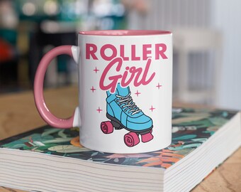 Rosa mugg för rullskridskoåkare, roliga kaffemuggar för rullskridskoåkare, presenter, resemugg för Roller Derby-åkare med burkhållare