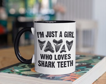 Girl Who Loves Shark Teeth Mug, Shark Tooth Collector Coffee Mugs, Tumbler, Travel Mug, Beer Can Holder Cooler, Water Bottle