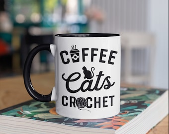 Coffee Cats Crochet Mug, Funny Crocheting Knitting Coffee Mugs, Yarn Knitter Crocheter Gift, Gifts,  Tumbler Travel Mug Can Holder