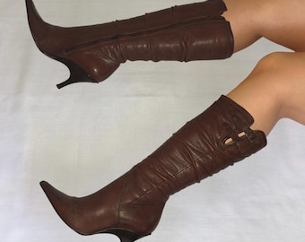 Vintage Brown Leather Knee High Boots Stiletto Pointed Toe Y2K UK 3