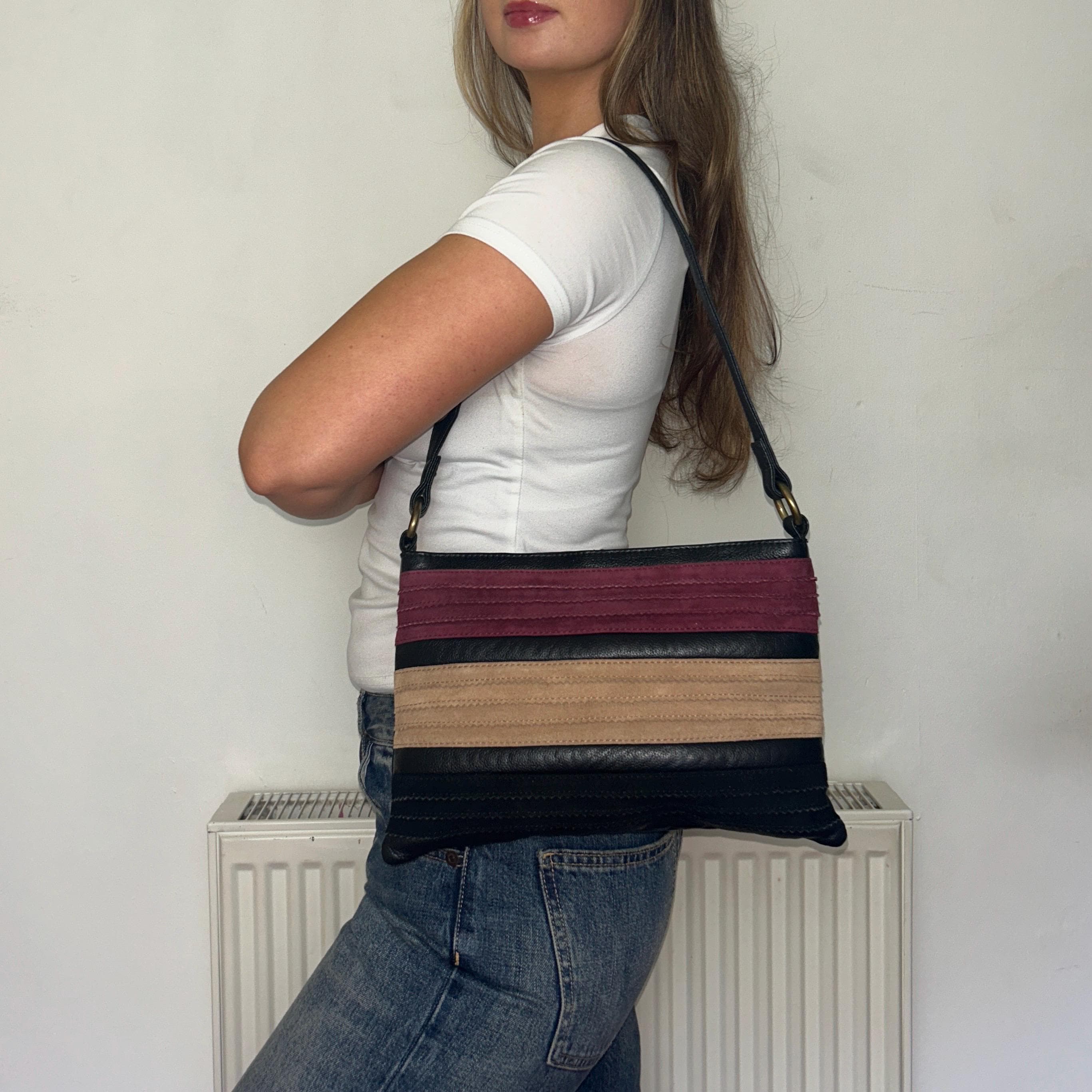 Vintage Black Leather Shoulder Bag, 90s Burgundy Beige Suede 