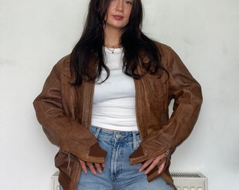 Vintage Tan Brown  Leather Bomber Jacket