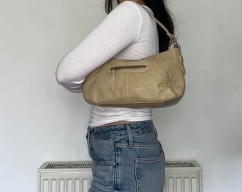 Vintage Beige Leather Y2K Mini Shoulder Bag