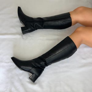 Vintage Black Knee High Leather Square Toe Boots UK 4