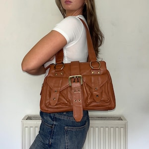 Vintage Brown Leather 90s Buckle Shoulder Bag