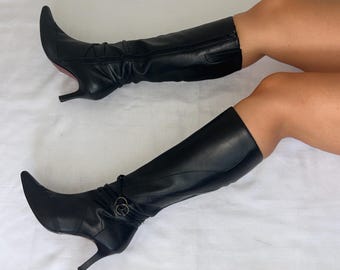 Vintage Black Knee High Leather Coffin Boots UK 5