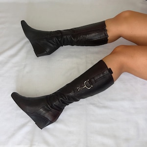 Vintage Brown Leather Knee High Wedge Heel Boots UK 4