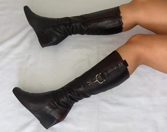 Vintage Brown Leather Knee High Wedge Heel Boots UK 4