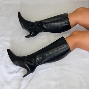 Vintage Black Knee High Leather Coffin Toe Wide Calf Boots UK 7