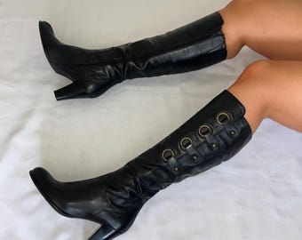 Vintage Black Knee High Leather Buckle Boots UK 4