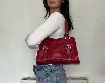 Vintage Red Leather Buckle Shoulder Bag