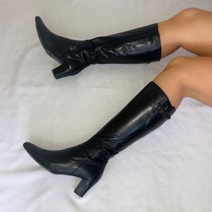 Vintage Black Knee High Leather Block Heel 90s Boots UK 4