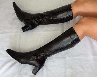 Vintage Brown Knee High Leather Square Toe Boots UK 7