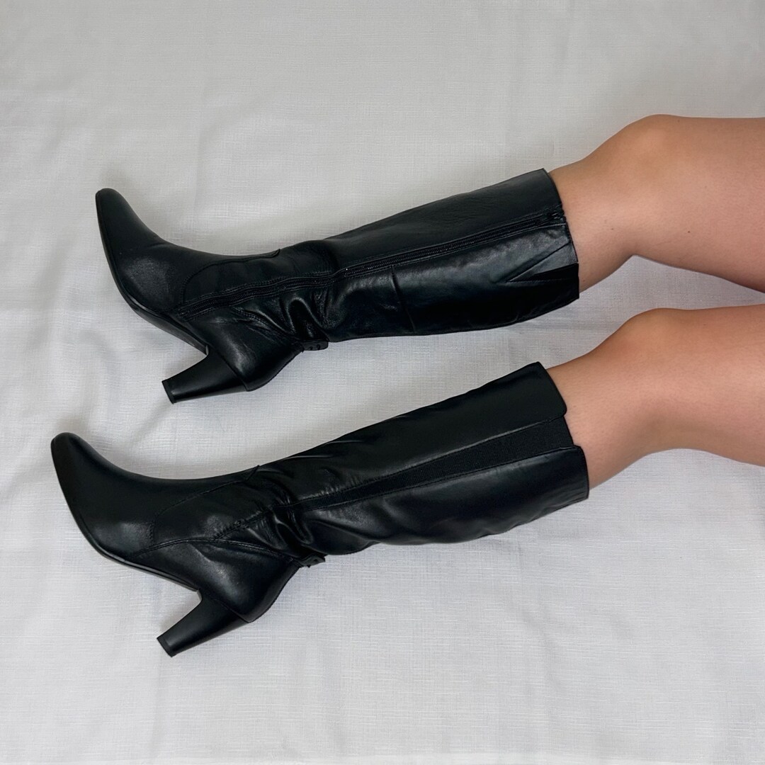 Vintage Black Knee High Real Leather Boots Etsy