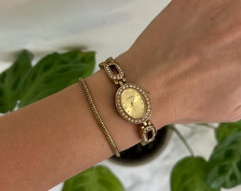 Vintage Gold Watch Small Dainty Bracelet Women's Diamonte Citron Watch