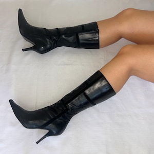 Vintage Black Knee High Leather Pointed Boots UK 5