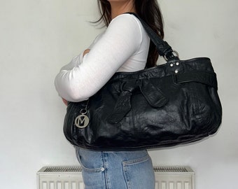 Vintage Black Leather Oversized Shoulder Bag