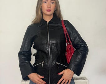 Y2K Vintage Black Leather Bomber Jacket, Oversized Retro Coat - Etsy