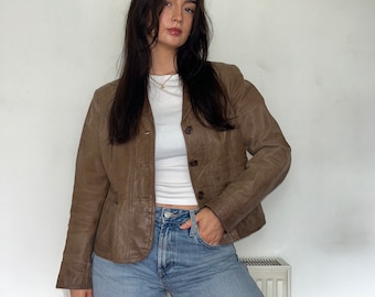 Vintage Tan Brown  Leather Blazer Jacket