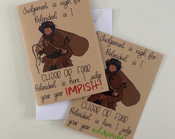 May include: Two tan greeting cards featuring an illustration of Belsnickel with a sack and switch. Text reads: Judgement is nigh, for Belsnickel is I. Cheer or fear Belsnickel is here. I judge your year IMPISH! and I judge your year admirable.