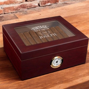 Large Size 50 Count Cigar Humidor Aged To Perfection Engraved Glass Top Wood Gifts, Personalized Humidor Gifts {Item # 704}