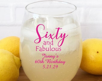 Printed 24 pieces Sixty and Fabulous Personalized Stemless Wine Glass Favors - 60th Birthday Favors {Item#858F-O}