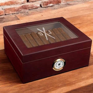 Large Size 50 Count Cigar Humidor Gondola Monogram Etched Personalized Glass Top Wood Gifts, Personalized Humidor Gifts {635}