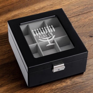 Hanukkah Watch Box Wood 6 Slot Compartment Watch Box Square , Personalized Etched Watch Case Holder, Hanukkah Engraved Gifts {Item#645}