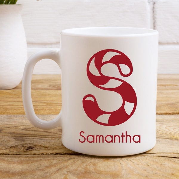 Candy Cane Shaped Red Monogram Personalized 10 Ounce Coffee Mug with handle, Cocoa Ceramic White Mug {Item# 679-26}