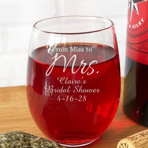 Etched 12 pieces Bridal Shower Personalized Stemless Etched Wine Glass Favors, Bridal Shower Party Engraved Favors {Item# 727}